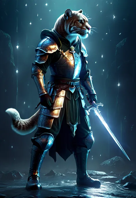 ((a sworn cougar, sworn outfit with hood and sword, dynamic pose, EPIC:1.5)), ((dark background, moonlight night:1.4)), (masterp...