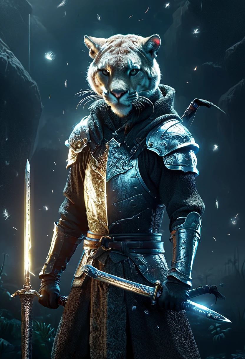((a sworn cougar, sworn outfit with hood and sword, dynamic pose, EPIC:1.5)), ((dark background, moonlight night:1.4)), (masterpiece),(Best quality:1.0), (Ultra-high resolution:1.0), detailed painting, intricate, underwater landscape, (( magical, Beautiful, otherworldly:1.4 )), (( Best quality, vibrant, 32K, well-defined light and shadows)). without text:1.3.