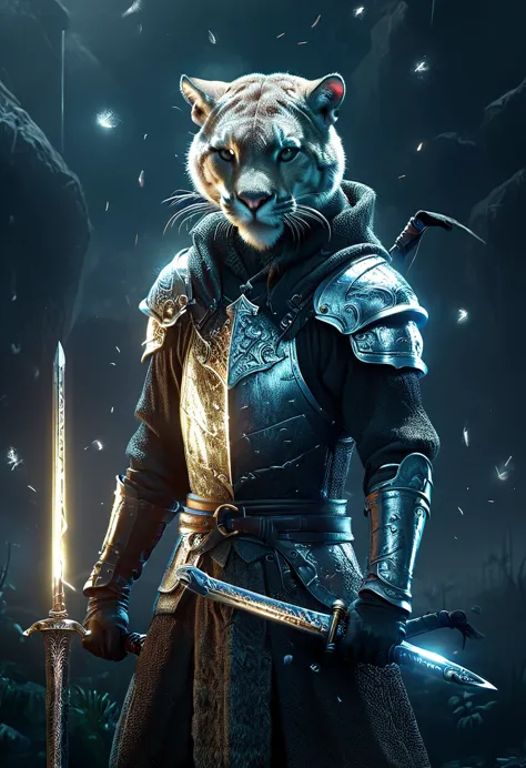 ((a sworn cougar, sworn outfit with hood and sword, dynamic pose, epic:1.5)), ((dark background, moonlight night:1.4)), (masterp...