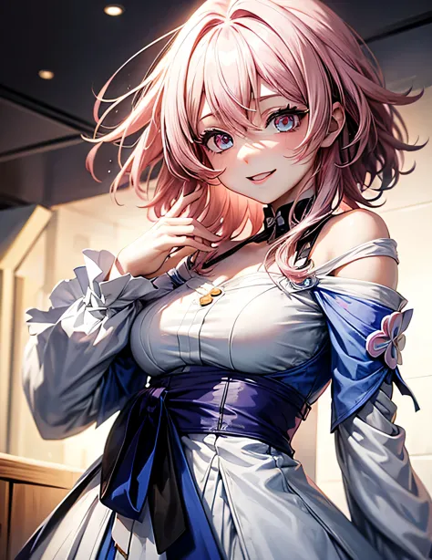 anime girl with pink hair and blue eyes in a white dress, seductive anime girl, best anime 4k konachan wallpaper, teasing smile,...