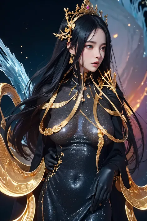 ((best quality)), ((masterpiece)), (detailed), perfect face, black hair, golden iris, The body, composed of galactic gold liquid...