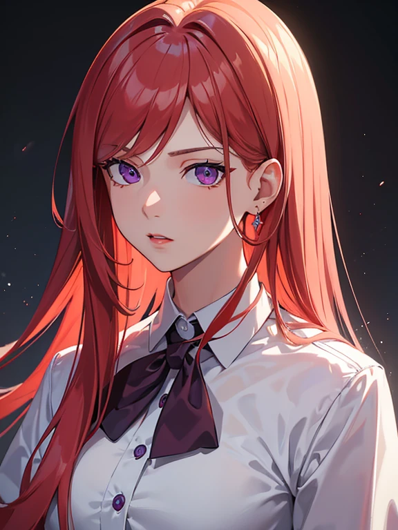 Masterpiece, best quality, 1 girl, red hair,purple eyes, white formal shirt, holding a pistol, Detailed eyes, Detailed facial features, Realistic and high resolution (best quality, 4k, 8k, height, Masterpiece:1.2)