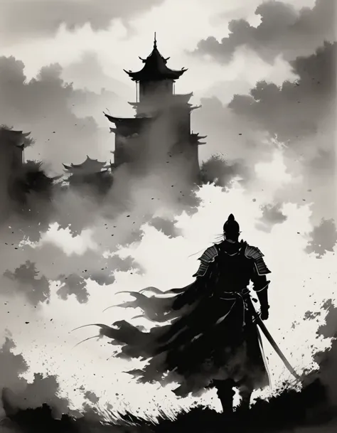 young knight, the story of chivalrous, silhouette, made of mist, black and white art, in the style of emphasis on negative space...