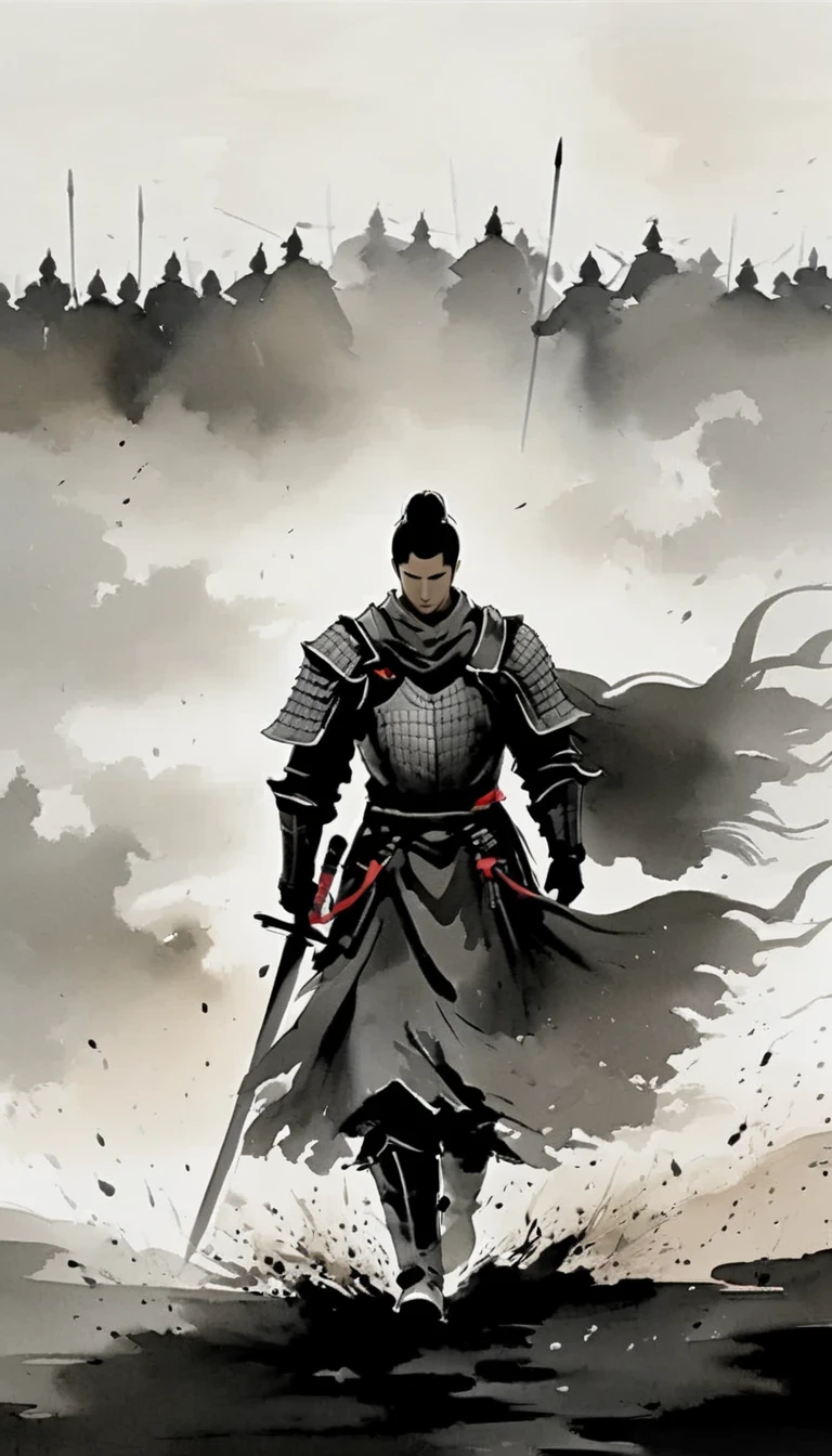 in style of flat color vector design , young knight, the story of chivalrous, silhouette, made of mist, black and white art, in the style of emphasis on negative space, chiaroscuro portraitures, in the style of shodo, eastern brushwork, comic art, mono-ha, disintegrated, speedpainting, made of mist, comic art