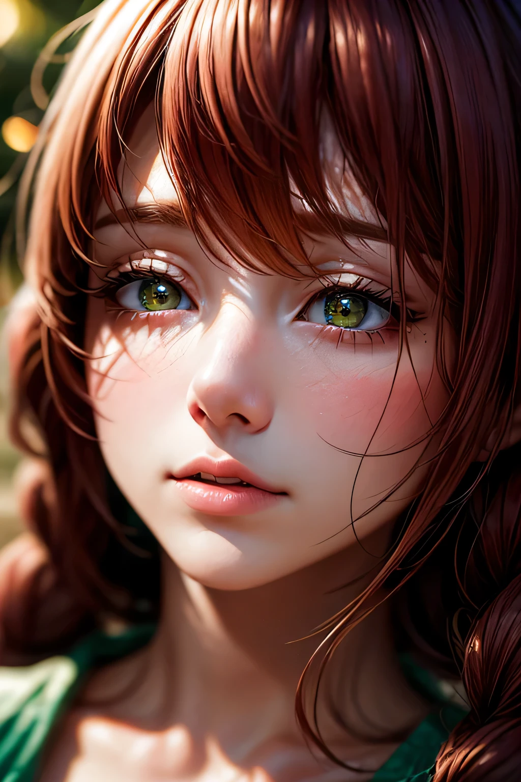 hd, (The finest details) (最high quality), Girls in their 20s,Redhead woman with long red braided hair and a green dress taking a photo, Mature and gorgeous, Natural light and shadow､ (Detailed face), (Beautiful fine details), Dynamic pose), masterpiece, 最high quality, high quality, High resolution, (Face close-up)､In the park on a moonlit night､