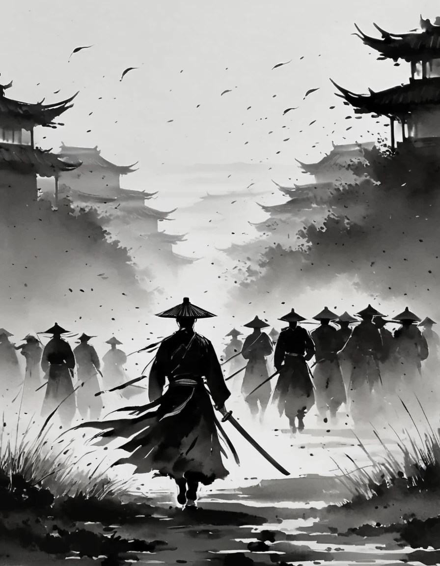 Black and white, ink style, a swordsman, Chinese martial arts, silhouette, rain, straw hat, sword, swordsman carrying sword, autumn, solemn atmosphere, handsome silhouette, complex and detailed scenes, complex background, swordsman walking towards the battlefield
