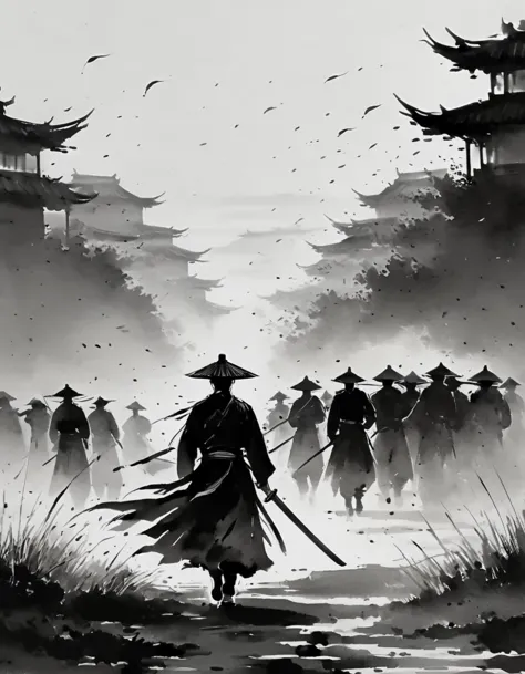 black and white, ink style, a swordsman, chinese martial arts, silhouette, rain, straw hat, sword, swordsman carrying sword, aut...