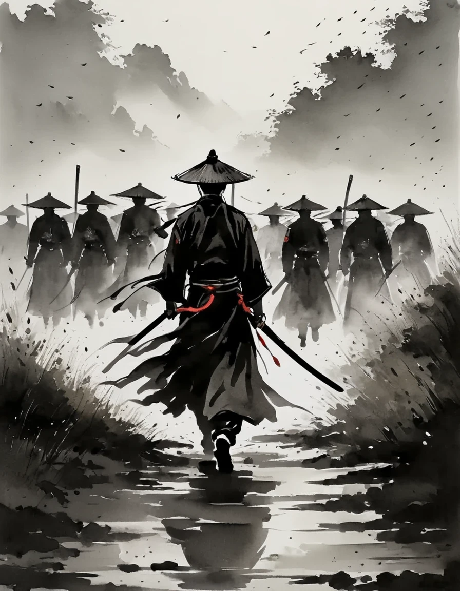 Black and white, ink style, a swordsman, Chinese martial arts, silhouette, rain, straw hat, sword, swordsman carrying sword, autumn, solemn atmosphere, handsome silhouette, complex and detailed scenes, complex background, swordsman walking towards the battlefield