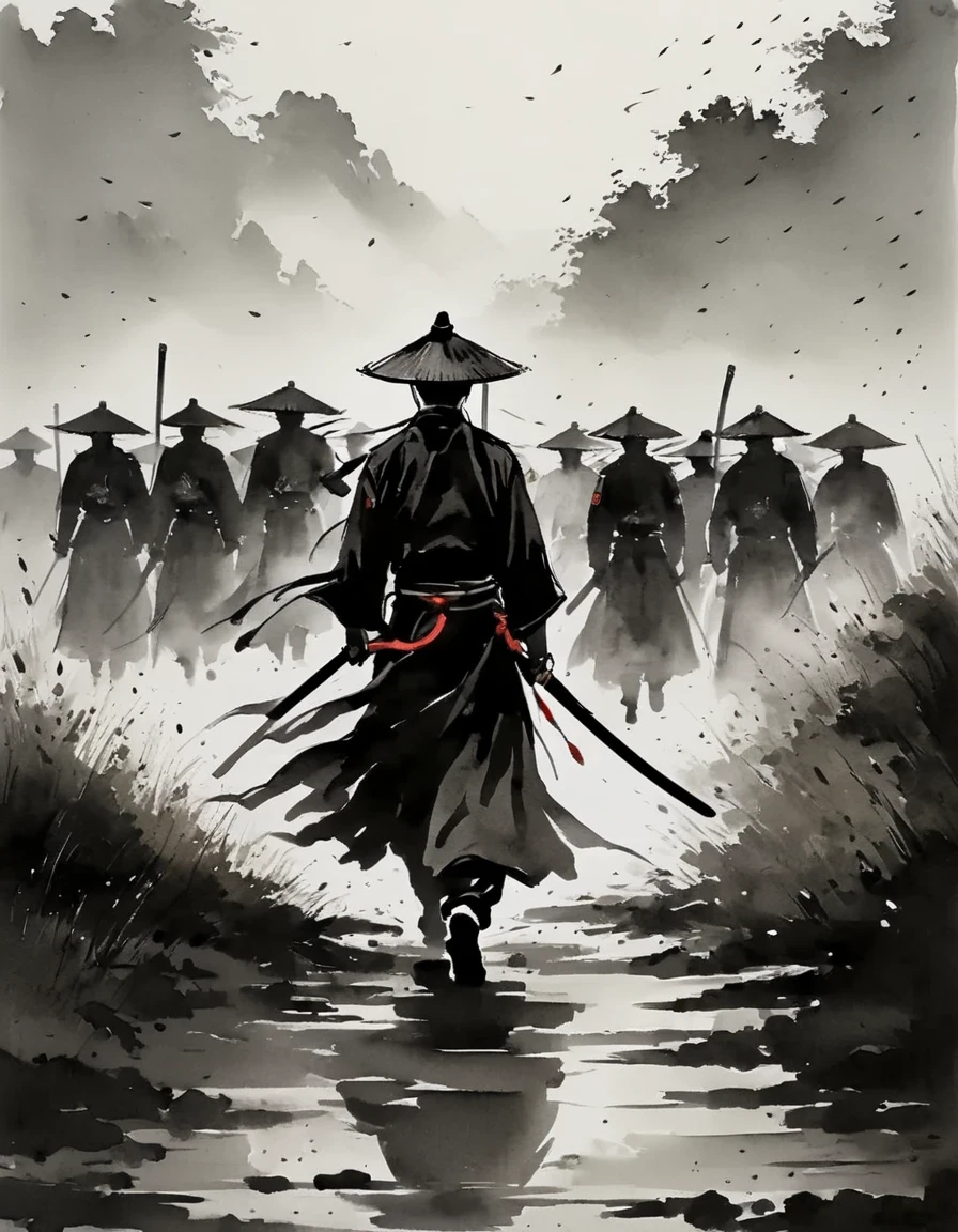 noir et blanc, style d&#39;encre, a épéesman, Arts martiaux chinois, silhouette, pluie, chapeau de paille, épée, épéesman carrying épée, automne, ambiance solennelle, belle silhouette, scènes complexes et détaillées, contexte complexe, épéesman walking towards the battlefield