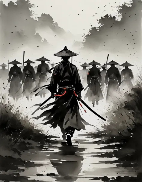 Black and white, ink style, a swordsman, Chinese martial arts, silhouette, rain, straw hat, sword, swordsman carrying sword, aut...