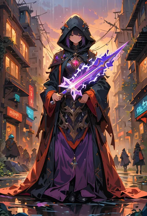 Hong Kong style, Soul Knight, Black undead armor with purple elements,Holding a transparent purple burning luminous crystal swor...