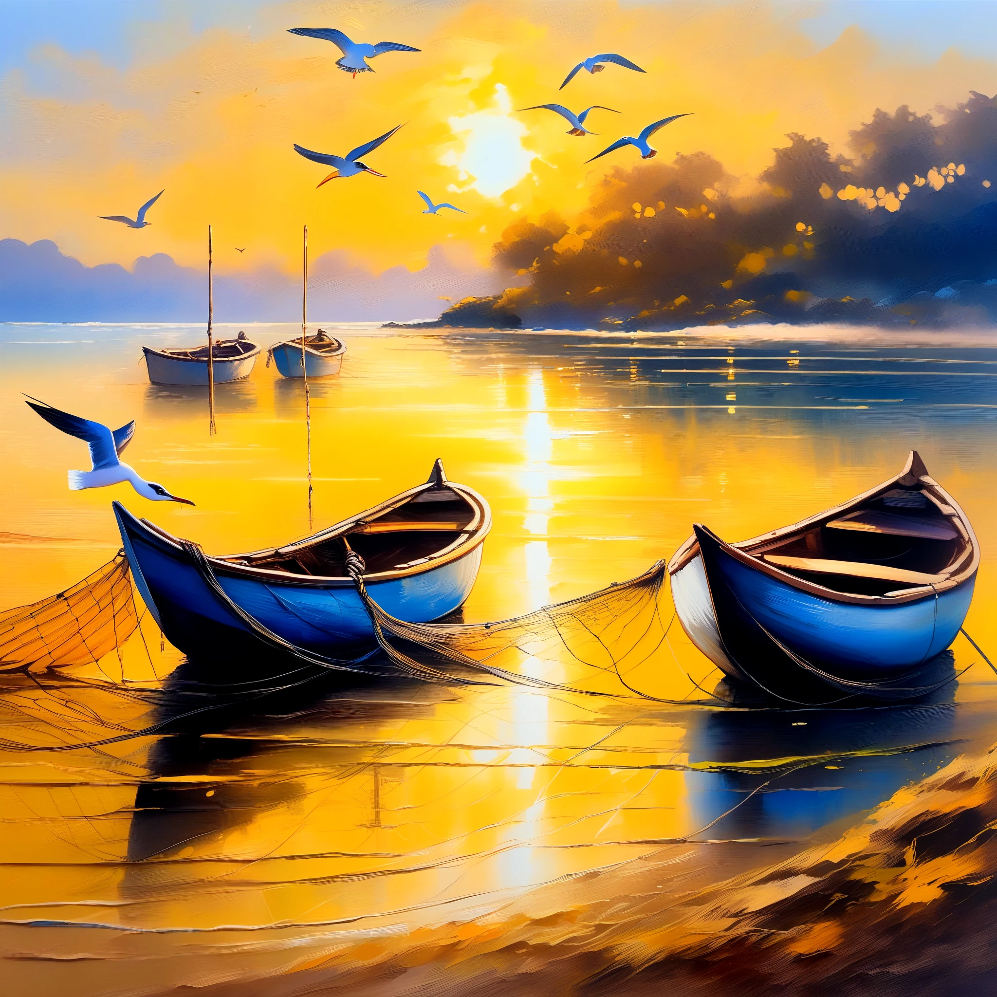 (8k, best quality, masterpiece: 1.2), (best quality: 1.0), (ultra highres: 1.0), (oil painting, impressionism style), anchored fishing boats, (fishermen from the Brazil throwing and collecting nets with fish), reflection of the canoes in the calm and gentle river, (small waves on the edge of the beach on the yellow sand), sunset, beautiful sun reflecting on the river, 3 seagulls flying around the nets, (art bucolic, detailed painting, epic painting, full of colors and rich details), (extremely luminous and bright detailed painting drawing), (ink: 1.3), autumn lights