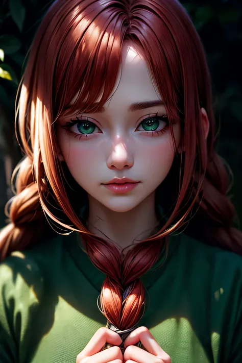 hd, (the finest details) (最high quality), girls in their 20s,redhead woman with long red braided hair and a green dress taking a...