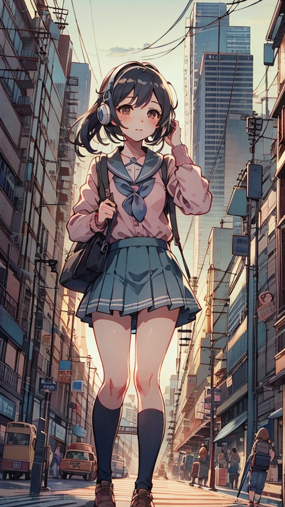 (Put on your headphones:1.0),道を歩いているAnime Girls, Beautiful anime school girl, Cute girl anime visuals, 長い髪のAnime Girls, Smooth anime CG art, 若いAnime Girls, 魅力的なAnime Girls, Anime Style 4k, Surreal , anime art wallpaper 8k, City Girl Fan Art, Anime Girls, Digital anime illustration