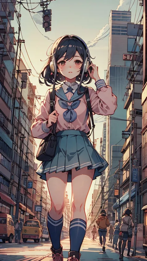 (put on your headphones:1.0),道を歩いているanime girls, beautiful anime school girl, cute girl anime visuals, 長い髪のanime girls, smooth a...