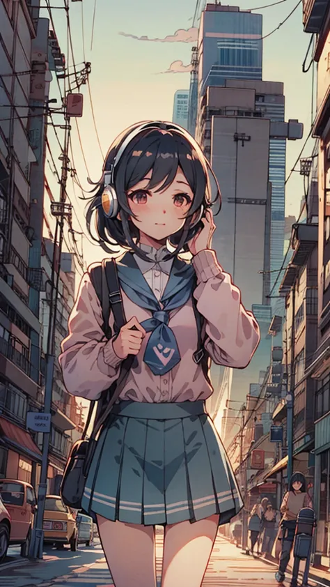 (put on your headphones:1.0),道を歩いているanime girls, beautiful anime school girl, cute girl anime visuals, 長い髪のanime girls, smooth a...