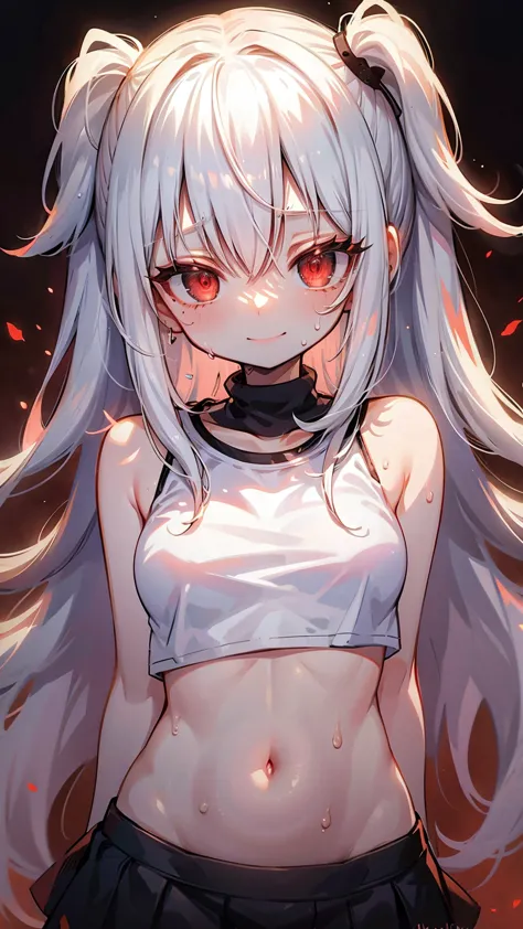 masterpiece, best quality, ultra-high-detailed, disgusted face, white hair, red eyes, sigtuna julie , small breast, navel, ,swea...