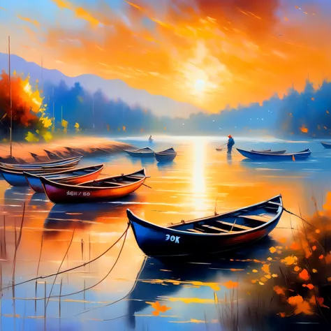 (8k, best quality, masterpiece: 1.2), (best quality: 1.0), (ultra highres: 1.0), impressionism oil painting, fishing boats at su...