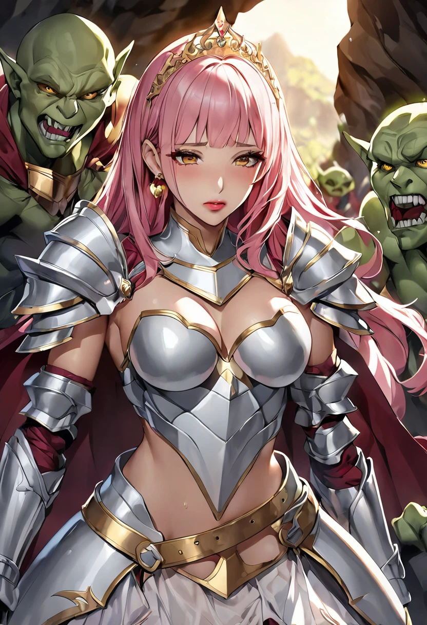 NSFW, masterpiece、highest quality、Ultra-high resolution、Maximum resolution、very detailed、Professional Lighting、anime、Adult women、thin、so beautiful、Beautiful face、Suffering face、Armored Dress、Pure white full-plate armor、Shiny Armor、Golden decoration、Gorgeous tiara、Golden earrings、Frilly Armor、Pink Hair、Golden Eyes、Pink Lips、gold belt、Cape、Shabby armor、Combat Ready、Being strangled、cave、Attacked by Goblins、( Several Goblins: 1.2)