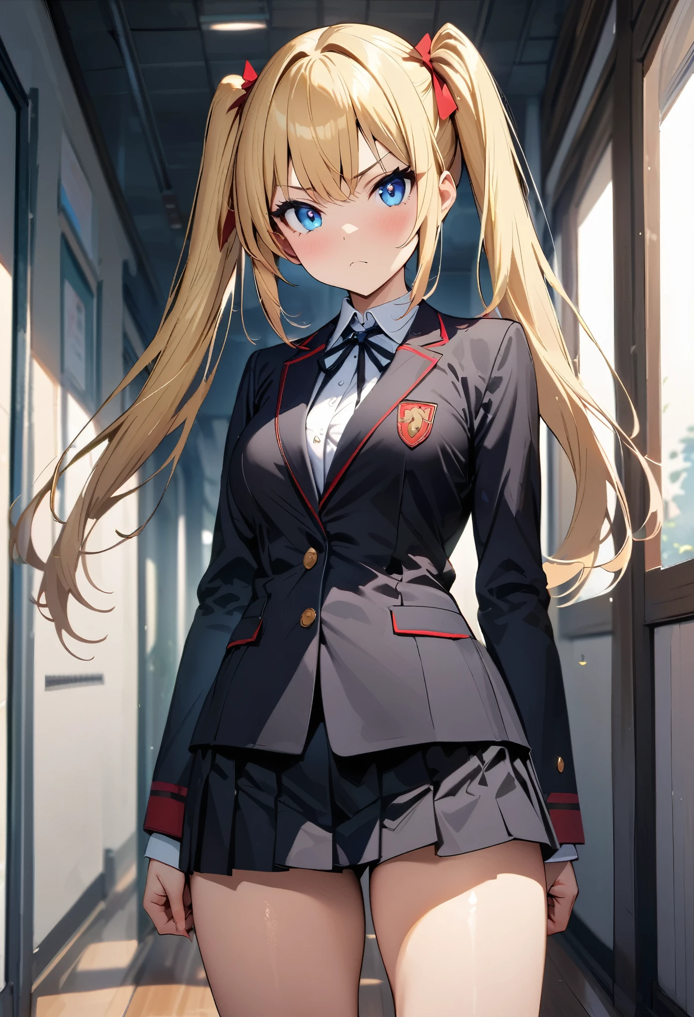 masterpiece, highest quality, Very detailed, High resolution, Expensive resolution, anime school girl, 1girl, blonde hair, blue eyes, twintails, medium breasts, black blazer, frown, looking at viewer, standing in school hallway