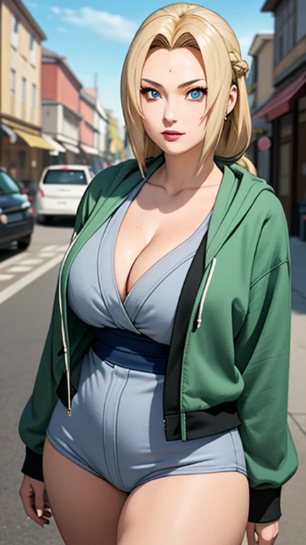 masterpiece, best quality, Super detailed, 1 Girl, Large target , Sexy,  Upper Body, Long hair, Blonde hair, French braid, blue eyes, Bangs, Wearing a street hoodie, fashionable, (Large Breasts、Cleavage, cleveage、Thick thighs)), The perfect figure looks cool at the audience, Tsunade \(shippuden\