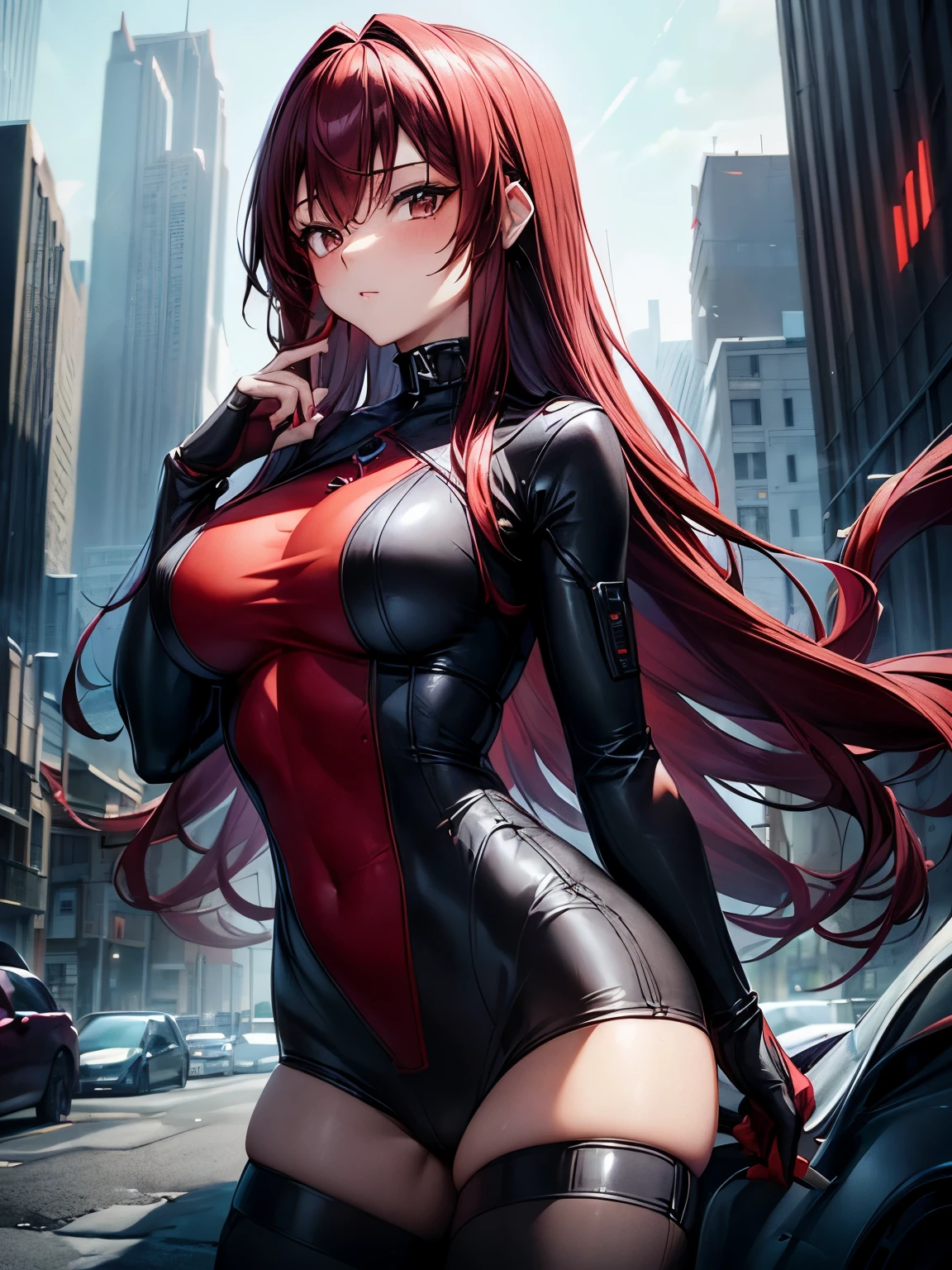 highest quality、Nice sexy body、One Woman、(solo)、((Beautiful busty woman:1.4))、(Woman with dark red hair:1.3)、Long hair woman、Woman with straight hair、(A woman wearing a matte black and matte red plug suit:1.3)、Cyber Suit、Rubble building、ruins、night