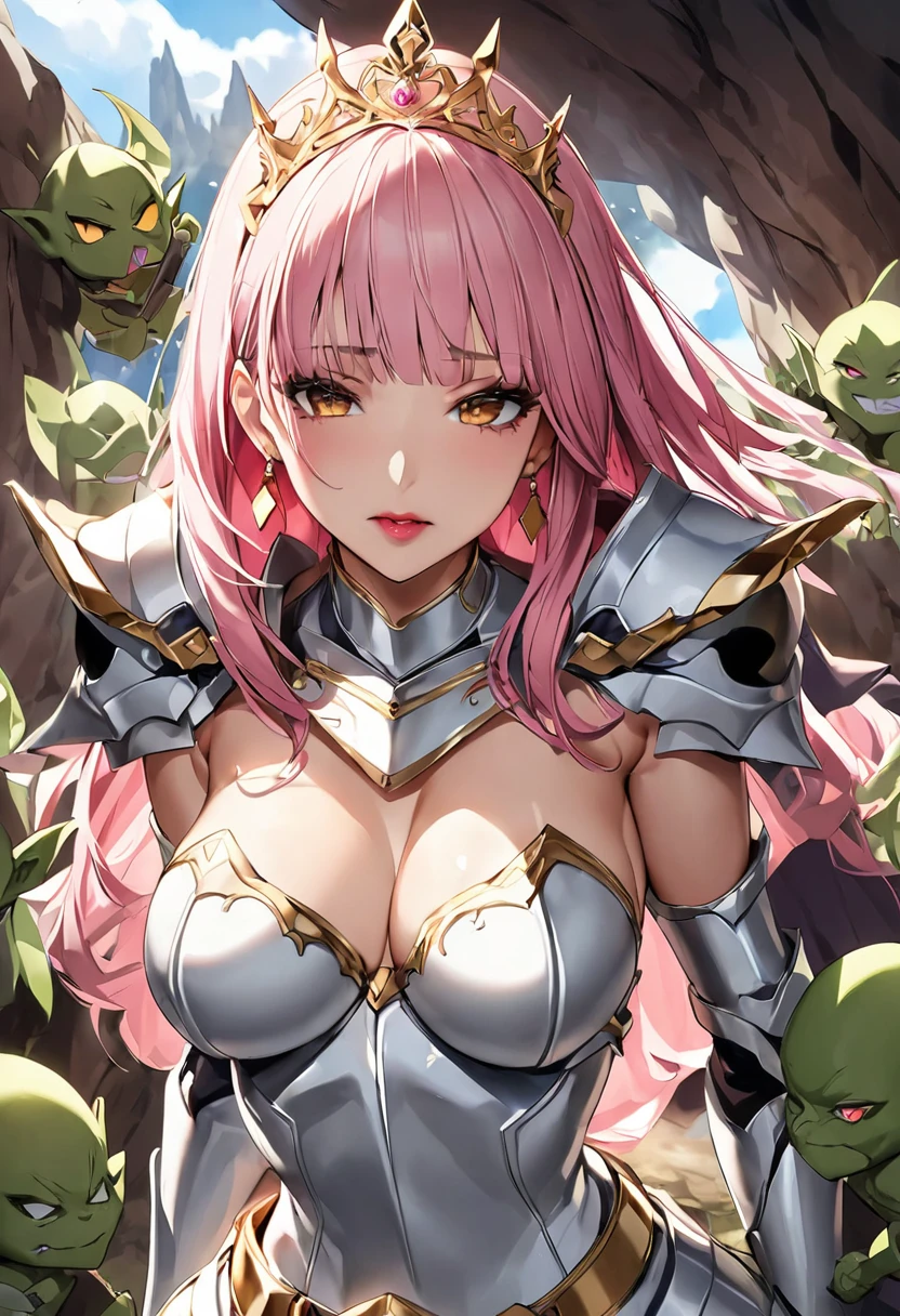 NSFW, masterpiece、highest quality、Ultra-high resolution、Maximum resolution、very detailed、Professional Lighting、anime、Adult women、thin、so beautiful、Beautiful face、Suffering face、Armored Dress、Pure white full-plate armor、Shiny Armor、Golden decoration、Gorgeous tiara、Golden earrings、Frilly Armor、Pink Hair、Golden Eyes、Pink Lips、gold belt、Cape、Being strangled、cave、Attacked by Goblins、( Number of Goblins: 1.1)