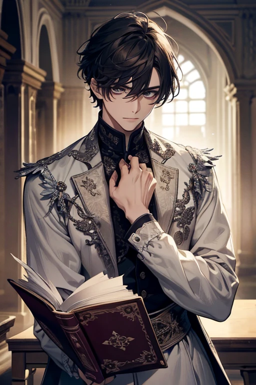 1 men, Calm, grown-up, 35 year old guy, short messy hair with bangs, White hair, royaltly, tenet, wear black clothes, in a castle, grown-up face, Two hands, sitting at a table with a book, grown-up face, medieval times, close up,  Calm