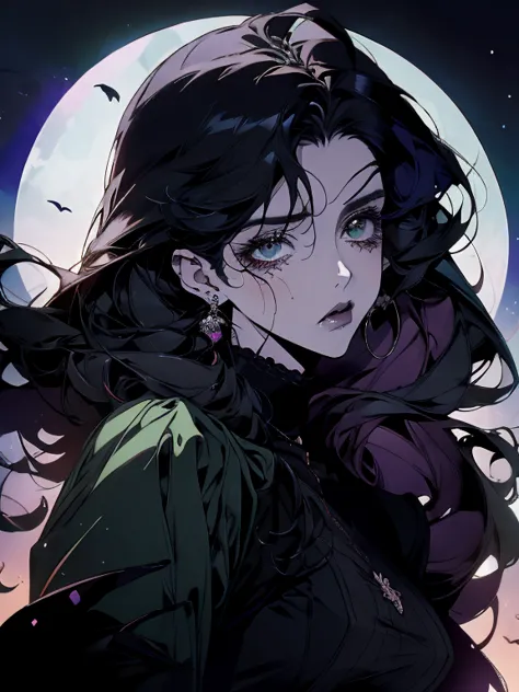 1 garota, longos cabelos ruivos, olhos verdes, um pouco de sangue no rosto, wearing black gothic clothes,estilo anime, Vampire a...