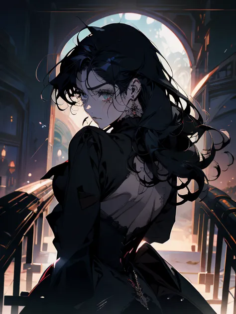 1 garota, longos cabelos ruivos, olhos verdes, um pouco de sangue no rosto, wearing black gothic clothes,estilo anime, Vampire a...