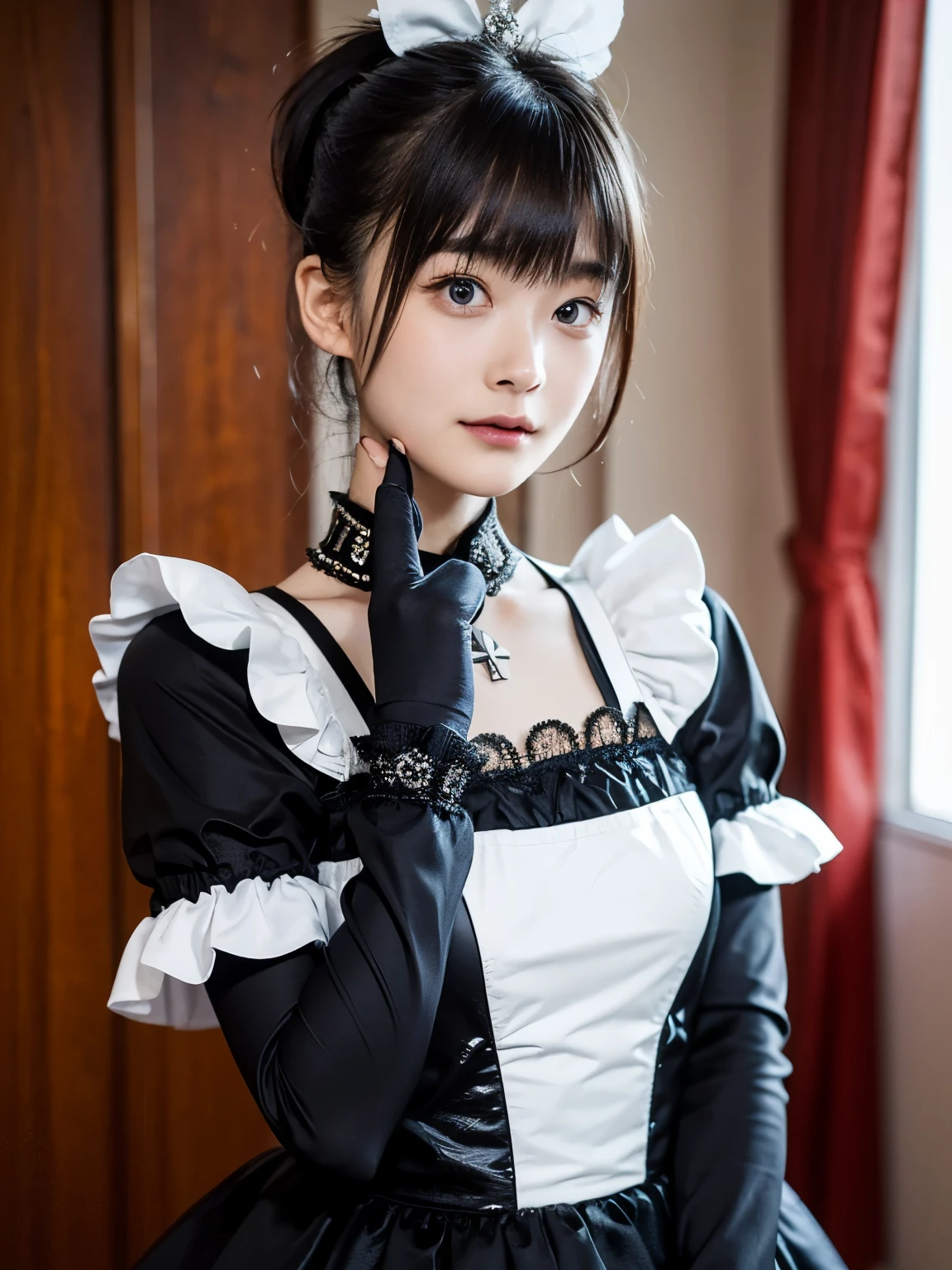 ((masterpiece, highest quality, Very detailed)), (solo), Perfect Face, Hime cut, Blunt bangs, Cute face, whole body, Are standing, 1 girl, Eye on the details, (Maid clothes),Gothic Lolita,Black Costume,thin,Black gloves,eye make up,Landmine Makeup,Neat and clean pose