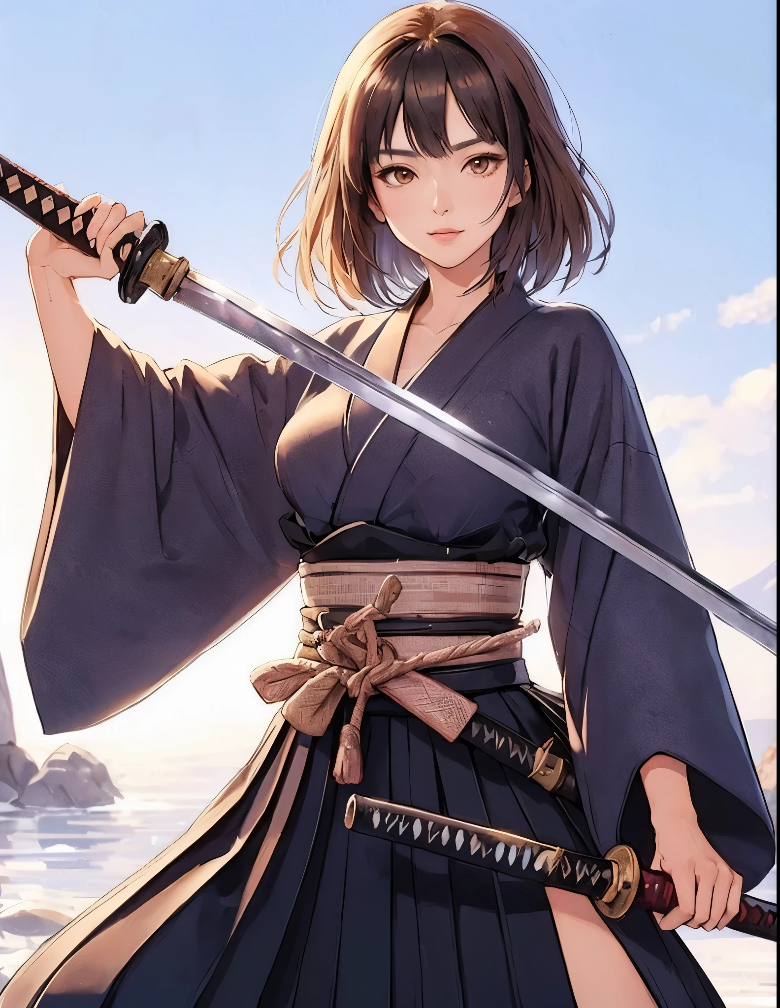 1lady standing, (holding Japanese sword), (black kimono) (black hakama), mature female, /(brown hair/) bangs, cool expression, (light smile:0.5), dignified, (masterpiece best quality:1.2) delicate illustration ultra-detailed, medium breasts BREAK (holding (katana sword:1.2)), (blade shimmering), (holding sword sheath) BREAK (sacred rocky area) outdoors, waterfall, Japan, noon, detailed background