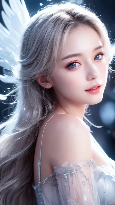 A girl，Exquisite facial features，Big watery eyes，Angelic smile，Blush，Good looking，Silver long hair，Princess Head，Snow Queen，ener...