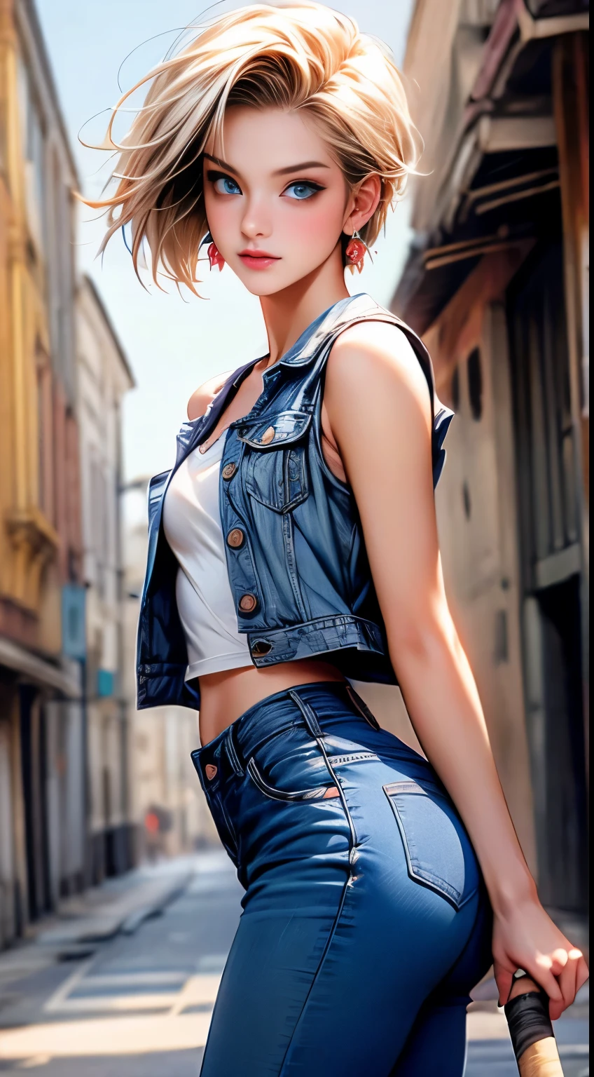 highest quality, High resolution, and 18, 1 girl, android 18, alone, blonde hair, blue eyes, short hair, laughter，earrings, jewelry, denim dress, open vest, white t-shirt，distressed jeans，small breasts, Stick out your butt and turn around and pose，street, (external expansion chest: 1.2)，