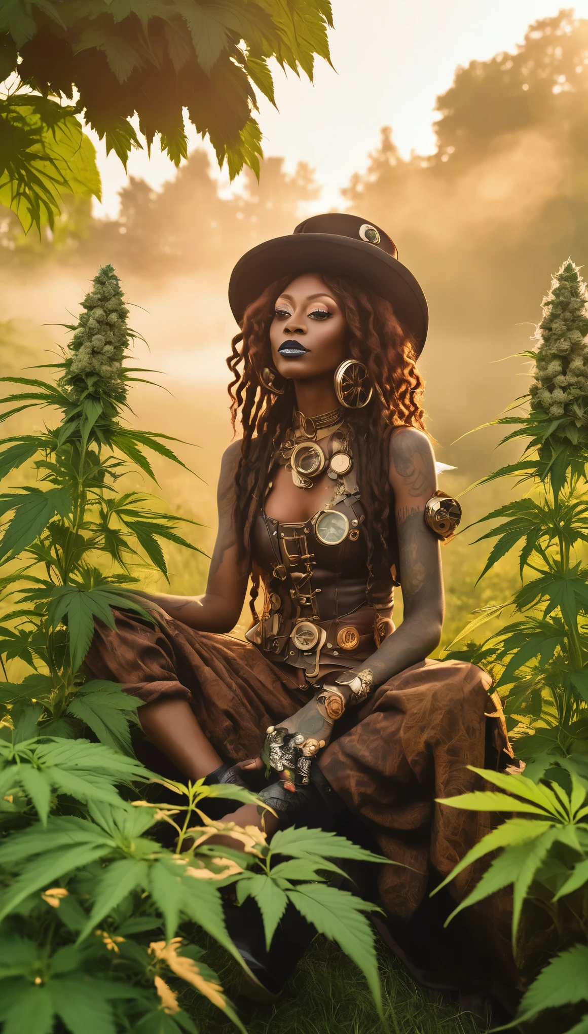 ((determined ((dark-skinned ((Haitian)) female steampunk wizard)) outside rolling up herbal joint while alchemy set boils bubbles and fumes, (wearing detailed flowing outfit), (cannabis flower tattoos on arms and legs), high quality photo, relaxing and smoking in the garden (with copious tall cannabis sativa plants and hydrangeas surrounding scene during foggy sunrise), masterpiece, highly detailed, perfect face