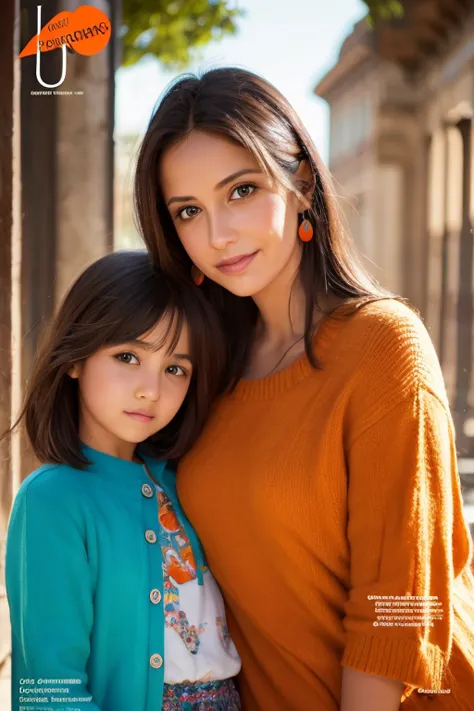 Una madre y una hija con cabello naranja y ojos azules en la portada de una revista, Colores vibrantes, high resolution, Realist...
