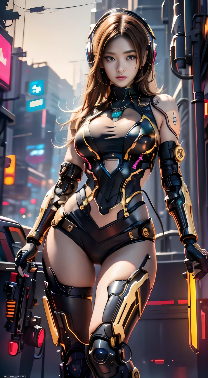 Virtual image,Realistic 8K images,hips up,Masterpiece,Complete Anatomy,Complete dynamic composition,morning sun,Light hits the front,young woman with long brown hair,With 4 arms,Cyberpunk girl with 4 arms,The machine is connected to the body.,Wear headphones with bright neon lights.,alone,,Has tattoos on his upper arms and stomach.,complicated details,Weird details,future world,Above expectations,Cyberpunk with bright neon lights all around.,glowing cyberpunk,cybernetic robot((White-red-yellow-gold cyberpunk figure..)),Bikini body-,white tank top,The background of the large gears is deserted..