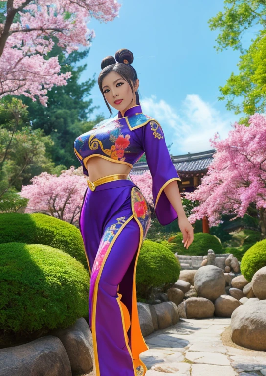 Mujer asiatica, mujer china, ultra detailed illustration of Chun-Li from Street Fighter, standing in a japanese garden, (ni no kuni merged with league of legends), vibrant bright colors, bold colors, digital art by Mschiffer, fantasy, whimsical, lush, dynamic pose, great pose, full body