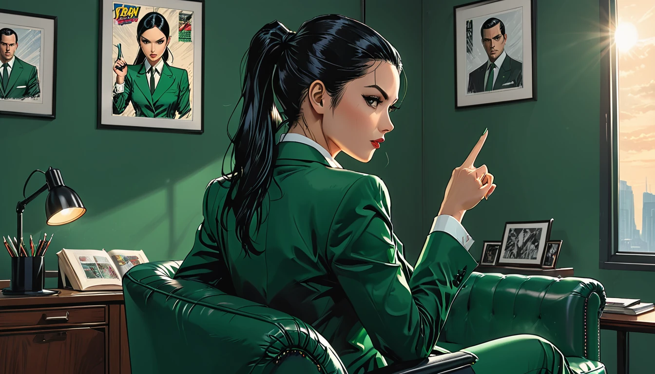 (Rear view), One Point Perspective, (low point shoot), a 1girl with Long Sleek Straight Ponytail Slicked back black Hair in a classic dark green suit sits in a chair in a dark green office overlooking the sofa, pointing her hand to the sofa, graphic style of novel comics, perfect hands, 2d,
8k, hyperrealism, masterpiece, high resolution, best quality, ultra-detailed, super realistic, Hyperrealistic art, high-quality, ultra high res, highest detailed, lot of details, Extremely high-resolution details, incredibly lifelike, colourful, soft cinematic light,