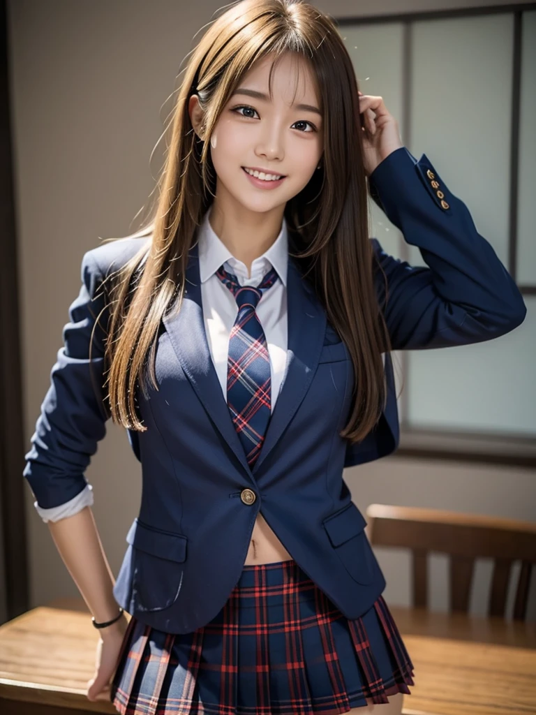 (8k, RAW Photos, highest quality), Stand in the classroom of school, (((((((One woman))))))), ((Blonde)), ((Semi-long hair)), ((Detailed eyes)), ((smile)), ((Red tie)), (((Dark blue closed blazer))), (((A blue plaid pleated miniskirt that wraps around the hips))), Asymmetrical bangs, 少しのsmile, Thighs, knees, Random pose，pretty girl，Slender girl