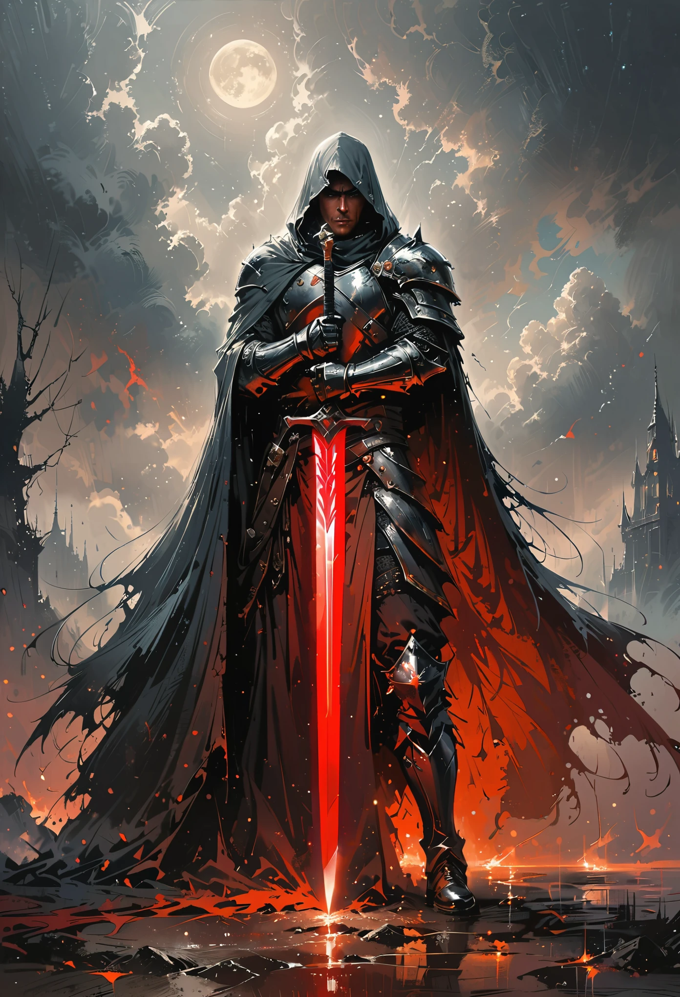 (best quality,4k,8k,highres,masterpiece:1.2),ultra-detailed,(realistic,photorealistic,photo-realistic:1.37),dark medieval forest,interplay of darkness and red shadows,cloaked knight with glowing red sword,serious expression,steady gaze into the distance,revealing unwavering courage,impending storm with dark clouds and lightning,illuminating the surroundings like a beacon of light,the hero in the darkness,the hope in people's hearts,granting endless courage and strength.