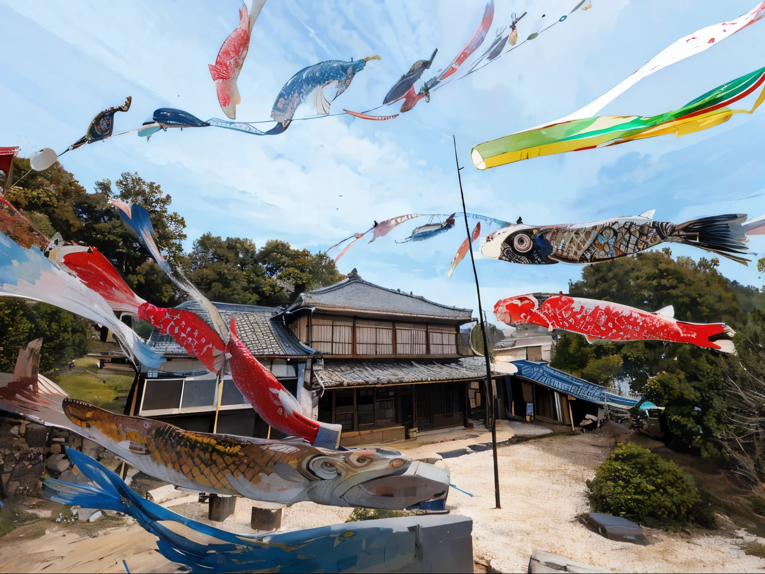 alte Häuser, bunte Karpfenfahnen der japanischen Kultur, blauer Himmel