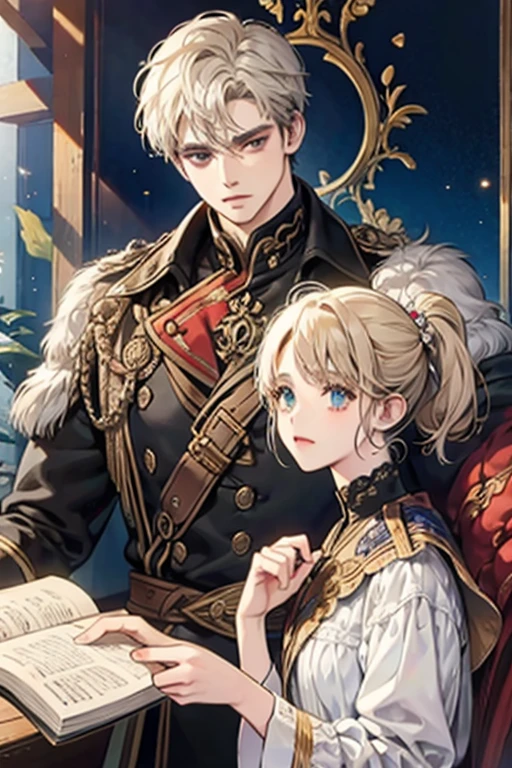 1 men, Calm, grown-up, 35 year old guy, short messy hair with bangs, White hair, royaltly, tenet, wear black clothes, in a castle, grown-up face, Two hands, sitting at a table with a book, grown-up face, medieval times, close up,  Calm