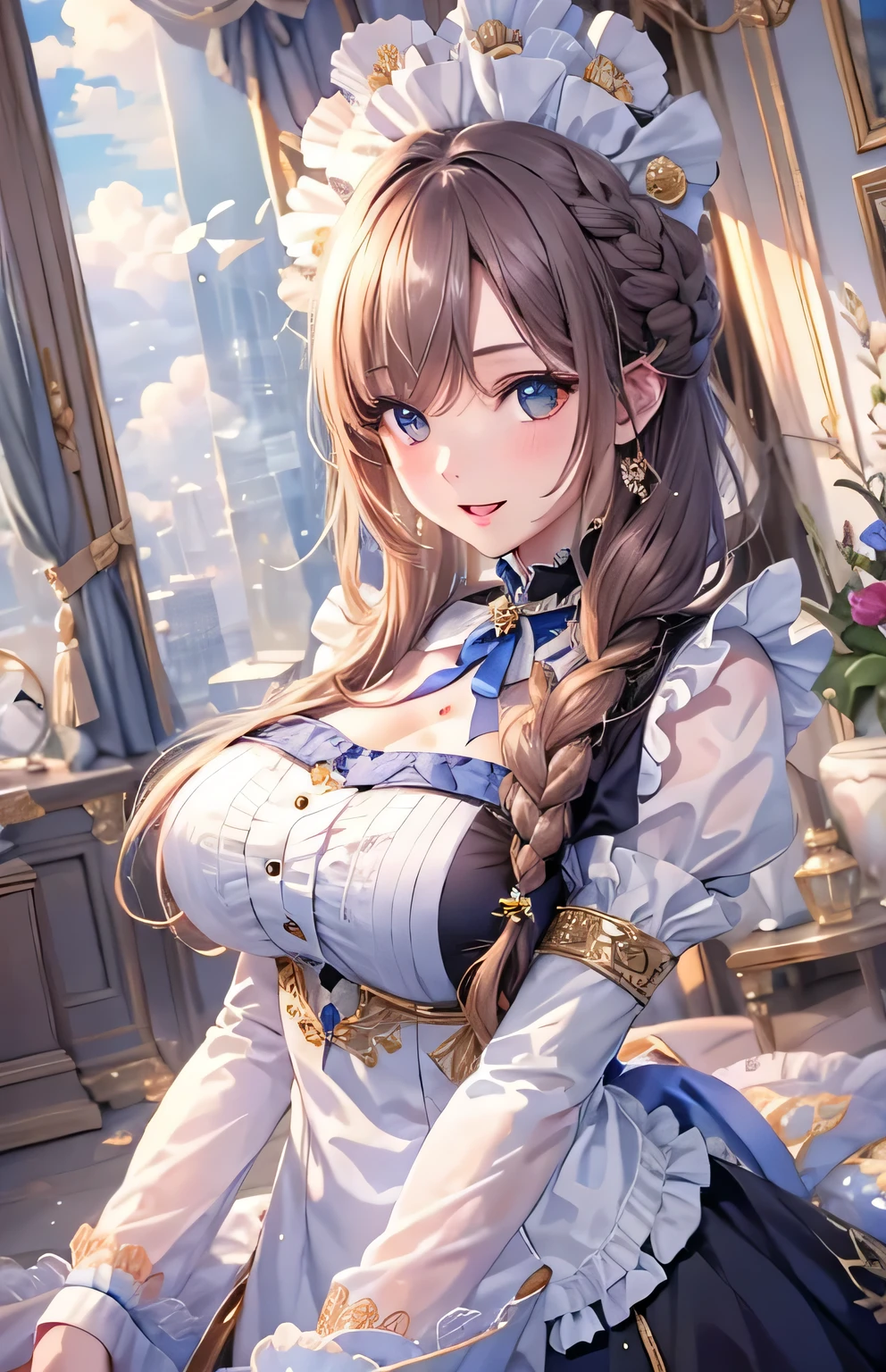 ((highest quality)), ((masterpiece)), (Get used to it), Perfect Face , beautiful girl , Maid , big breasts , Long and beautiful hair , Braided Hair ,