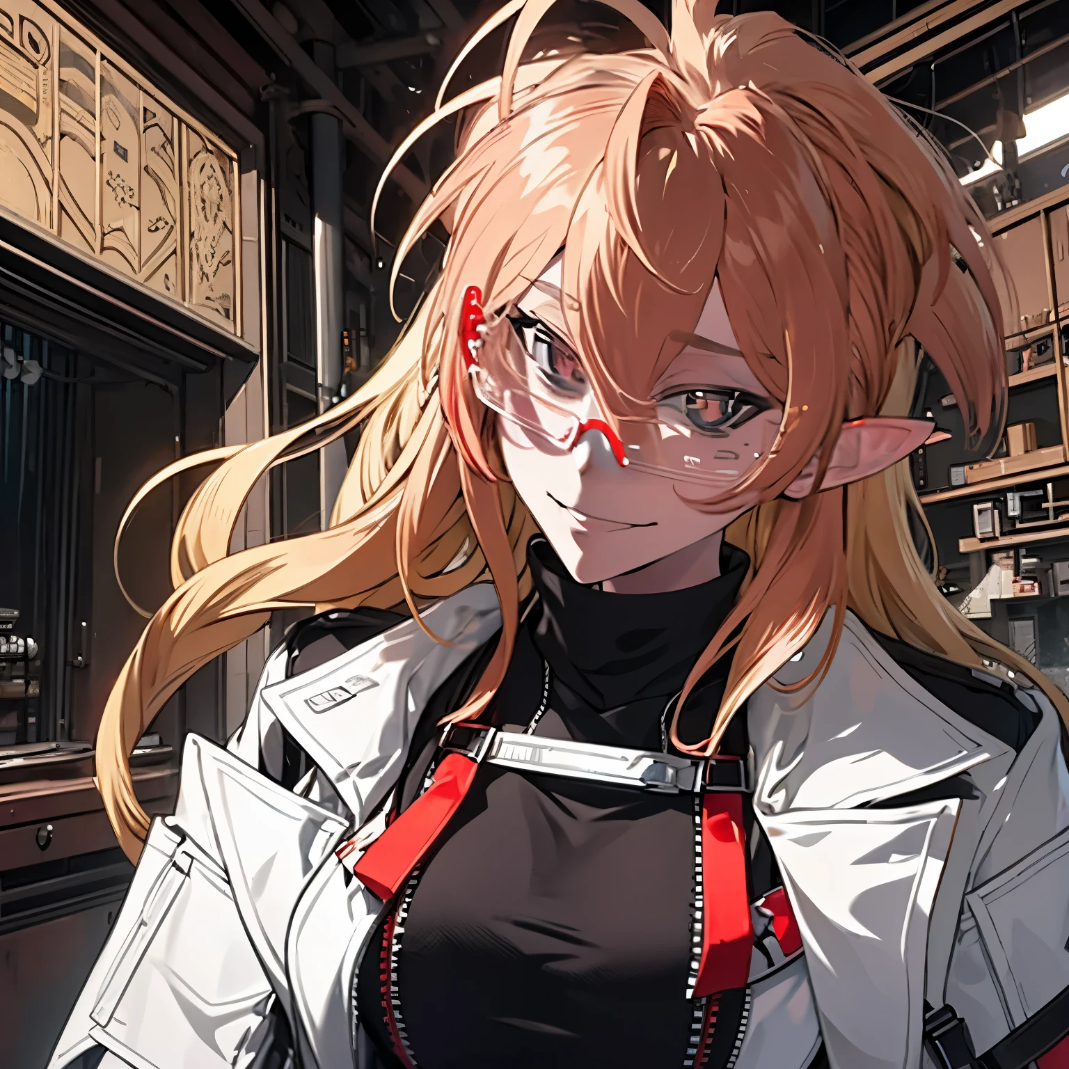 red hair,valiant,cool girl,martial bearing, long hair, messy hair, hair between eyes,grin, mature, fringe, long side bangs, masterpiece, anime style, open trench coat, golden pupils, girl, white school swimsuit, thigh-high stockings, brown engineer glasses,elves ear, test tube and chemicals at the waist, dagger