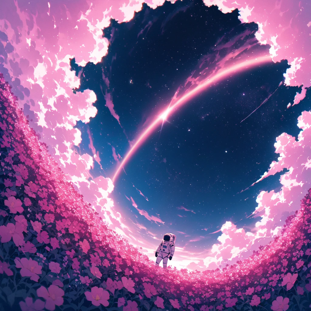 Astronaut walks through a sea of flowers dotted with pink clouds，lonely astronaut，Astronauts cannot leave this planet，The astronaut is lost in the infinite universe.