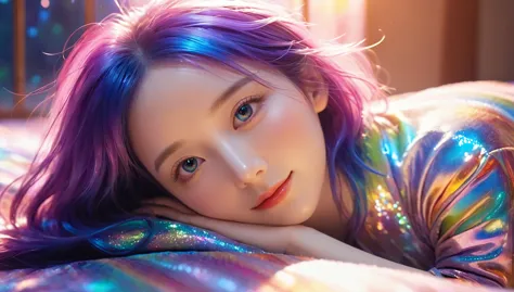 {{masterpiece}}, best quality, Extremely detailed CG unified 8k wallpaper, Movie Lighting, lens flare, Beautiful detailed eyes, Black,  girl、Close your eyes、Pillow、sleep、Lying down、floor、blanket、Smile、Side-lying、Under the quilt、Lips、indoor、Background large...