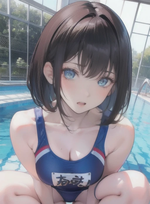 masterpiece、highest quality、8K quality、Realistic expression、Ultra-realistic、Realistic depiction、 Japanese woman、beautiful、Black hair straight、Short Bob Hair、Wearing competitive swimwear、Anatomically accurate body depiction、Squatting by the pool、Squat、Draw the whole body、Full-body depiction appropriate to the situation