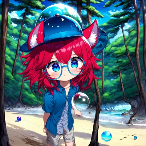 1boy, aki, crimson hair, crimson animal ears, masterpiece, ultra detail, forest, blue eyes, (cute shirt:1.3), glass orb, galaxy,...