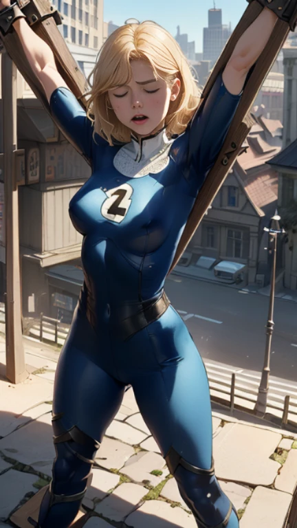 (Highly quality, masterpiece, detailed), city detailed scenario, city detailed background, (x shaped pasting stand), (hands up, spread hands, in stocks pose:1.4), 1girl, Susan Storm, blue eyes, blonde hair, full body blue bodysuit, sleeves, perfect face, big breasts, (shut closed eyes, tears:1.1), sighing